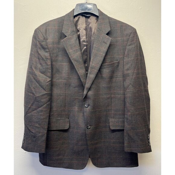 JOS A BANK Mens 44R Wool Blazer Sport Coat Jacket Suit Windowpane Plaid Brown - Picture 1 of 11